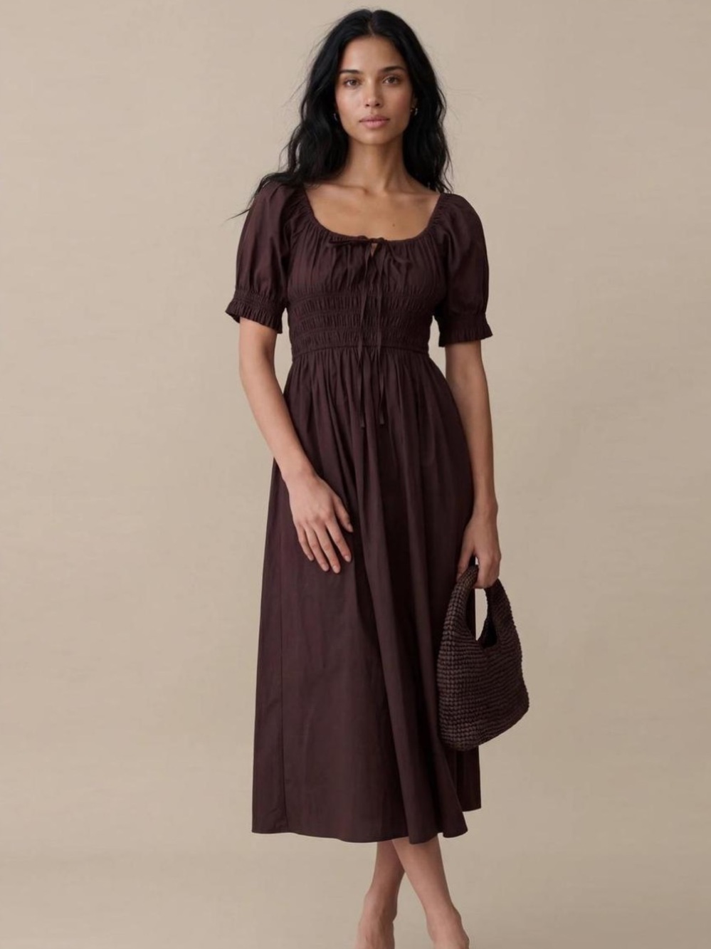 Brown Puff-Sleeve Midi Dress